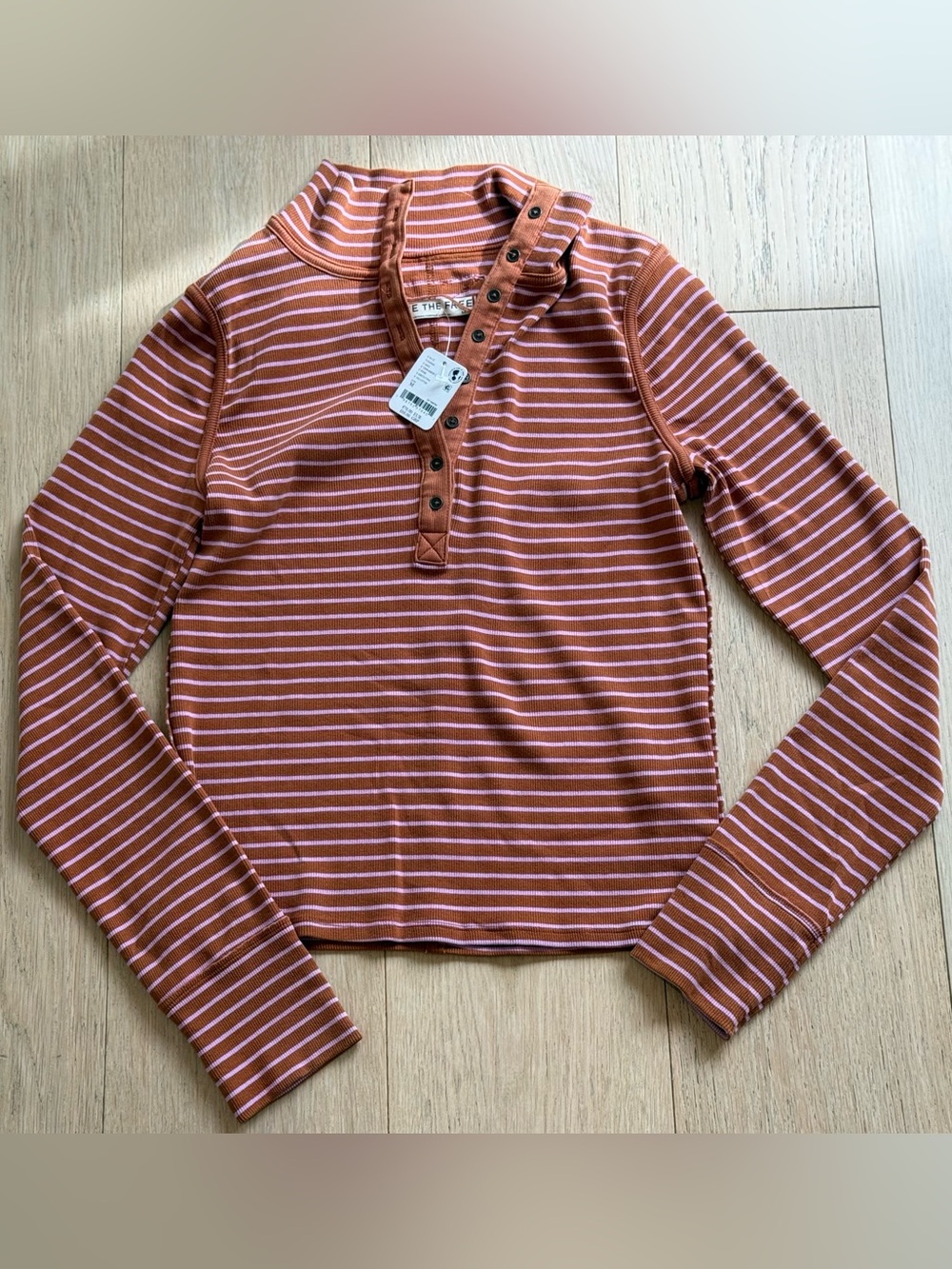 Free People We The Free Lake Henley Striped Ribbed Button Long Sleeve Brown Pink - Picture 5 of 6